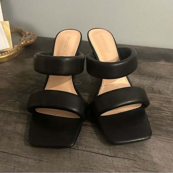 Shoe Dazzle Women's Black Caviar Faux Leather Amora Heeled Sandal - Size 9 - Picture 2 of 6